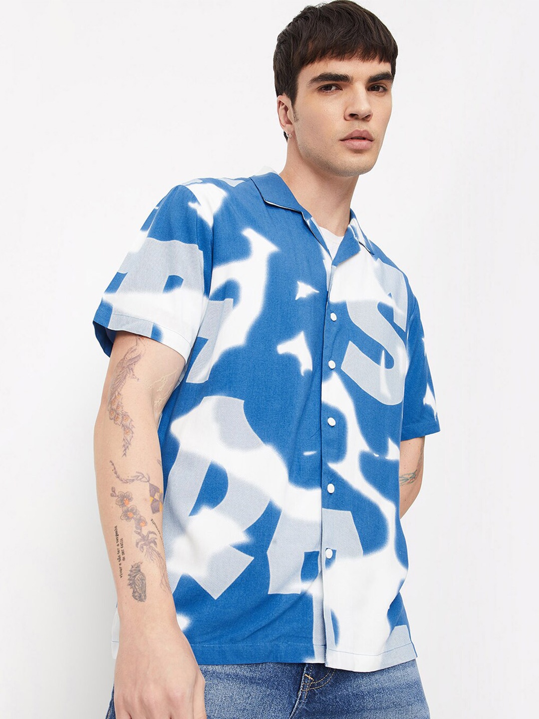 

max Typography Printed Cuban Collar Casual Shirt, Blue