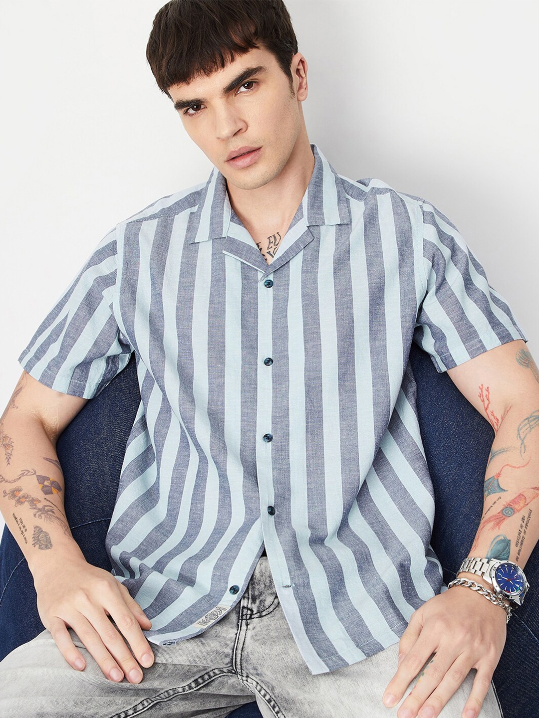 

max Striped Cuban Collar Casual Shirt, Blue