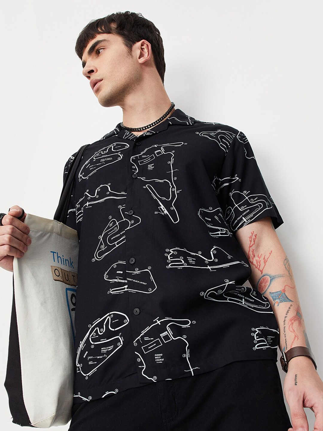 

max Abstract Printed Cuban Collar Casual Shirt, Black