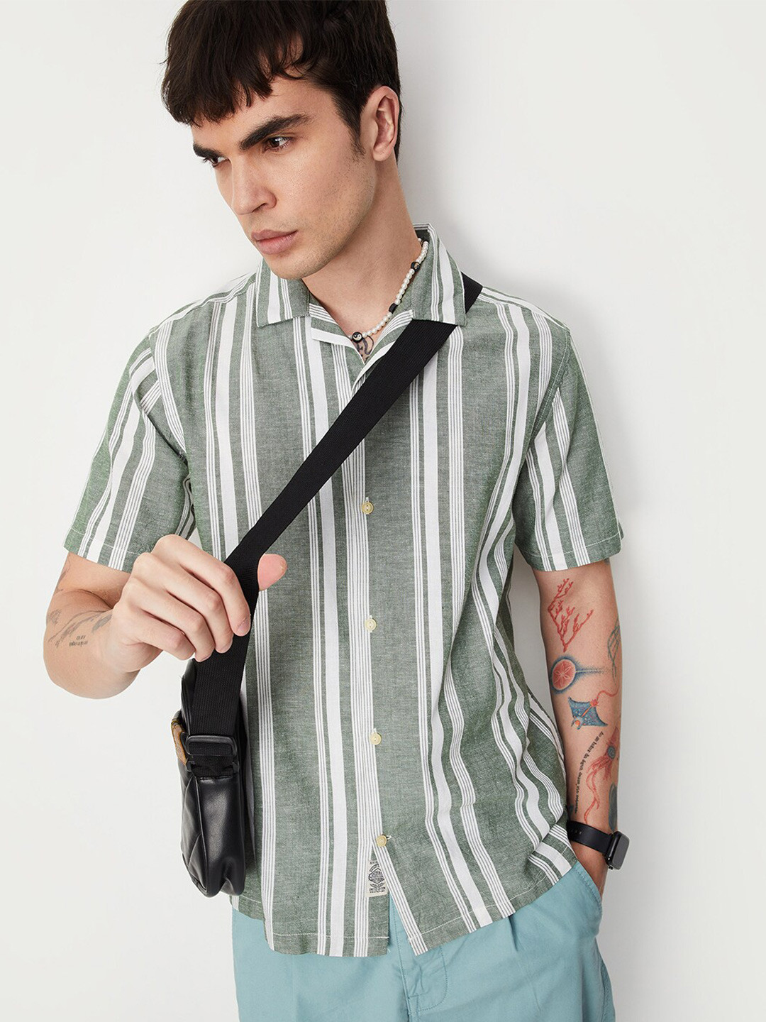 

max Striped Cuban Collar Casual Shirt, Green