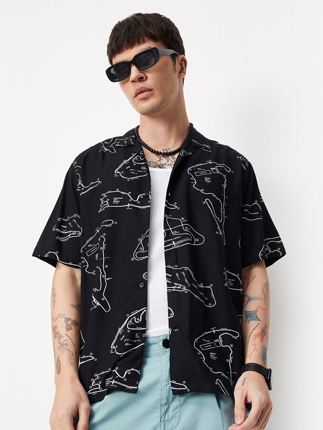 

max Abstract Printed Cuban Collar Casual Shirt, Black