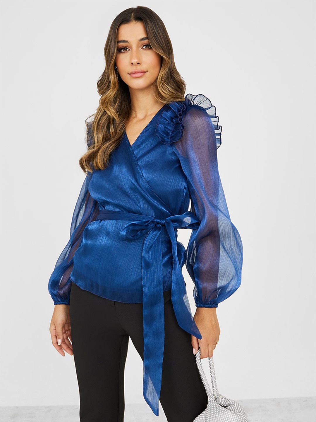 

Styli Ruffle Puff Sleeves Wrap Top, Blue