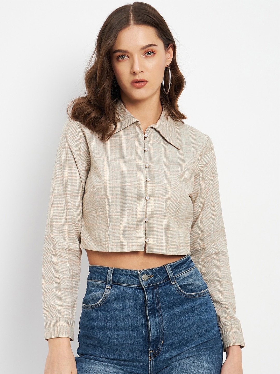 

Madame Checked Shirt Style Crop Top, Beige