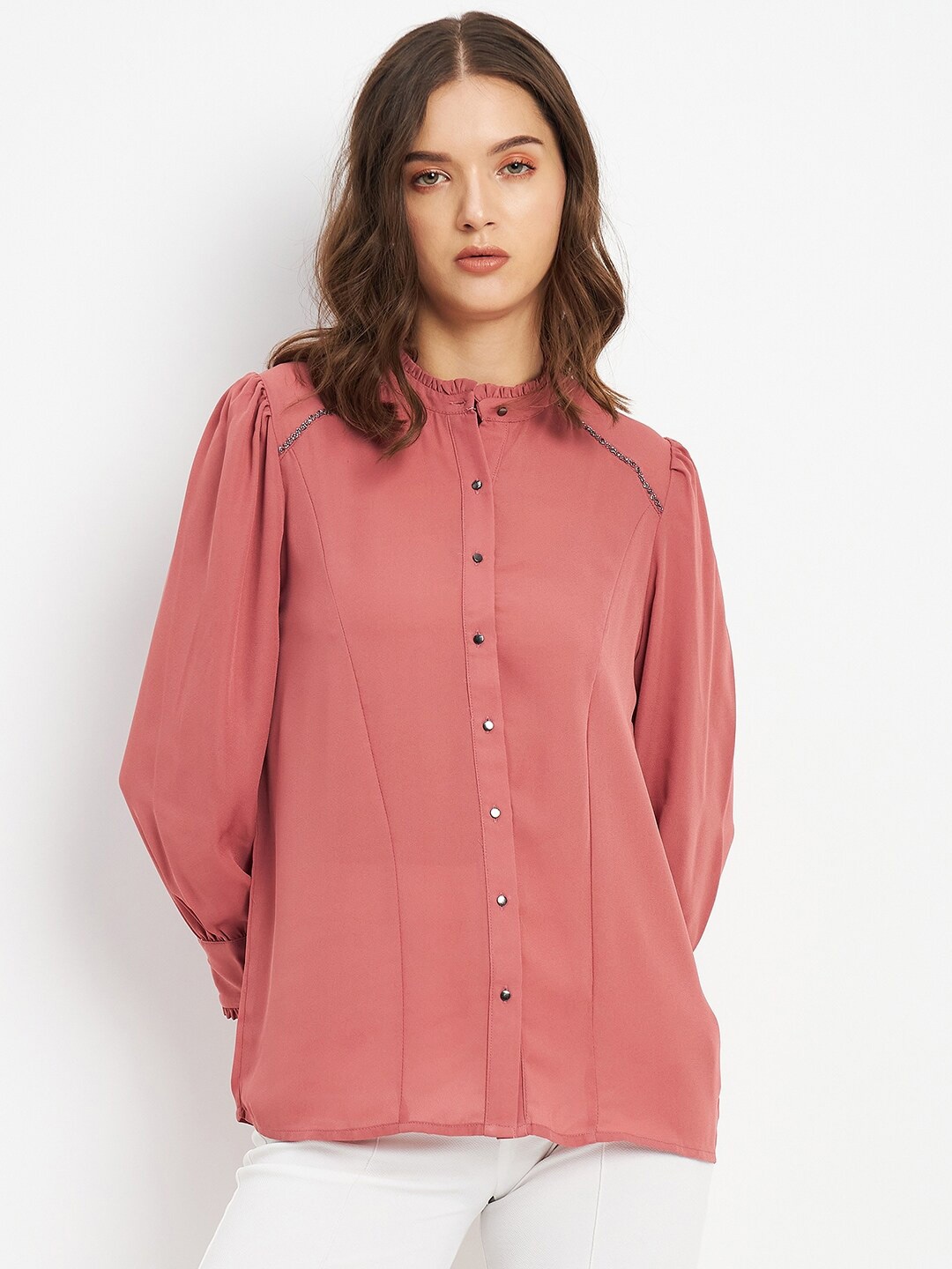 

Madame Mandarin Collar Shirt Style Top, Peach