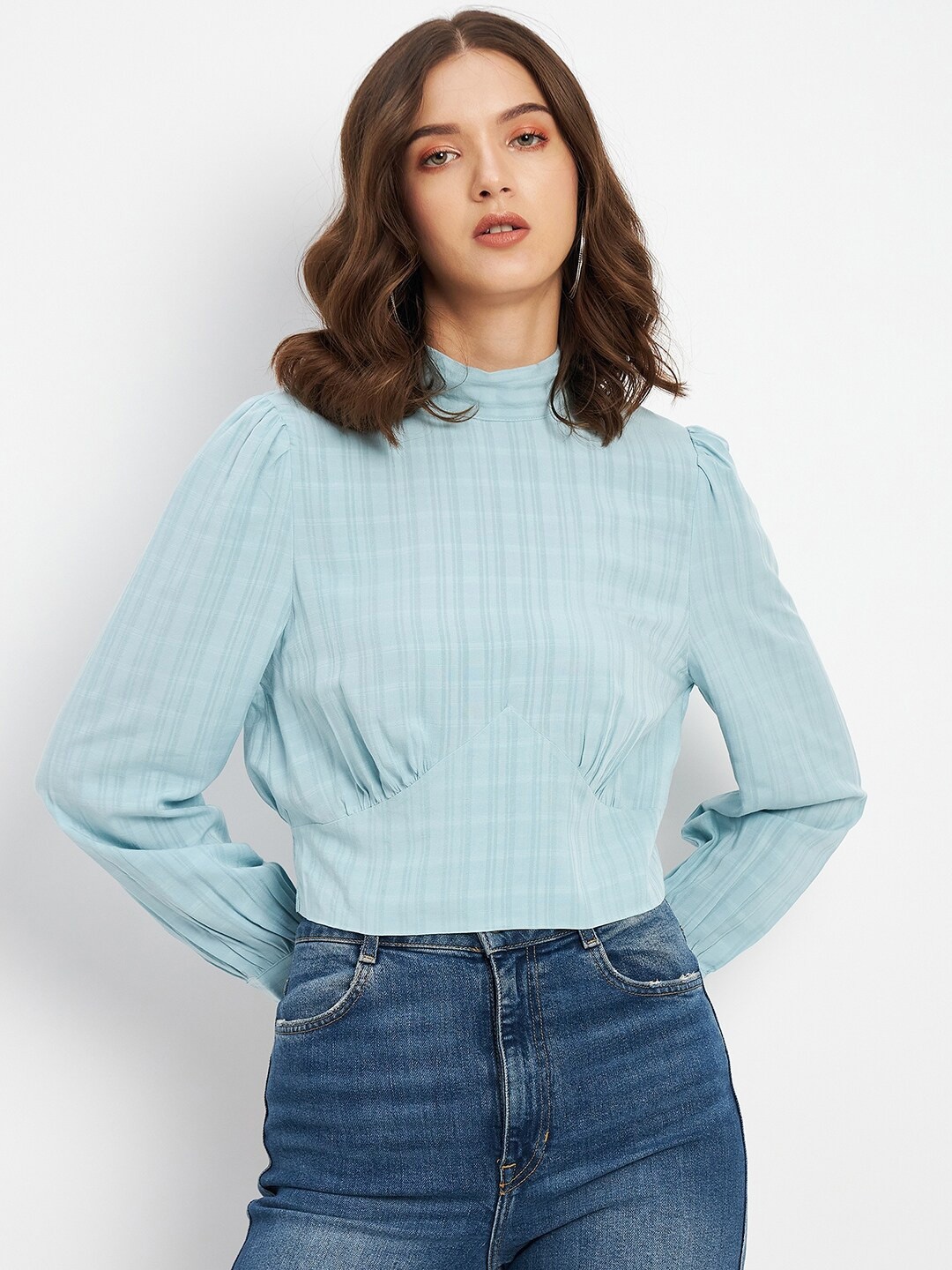 

Madame High Neck Striped Cuff Sleeves Top, Blue