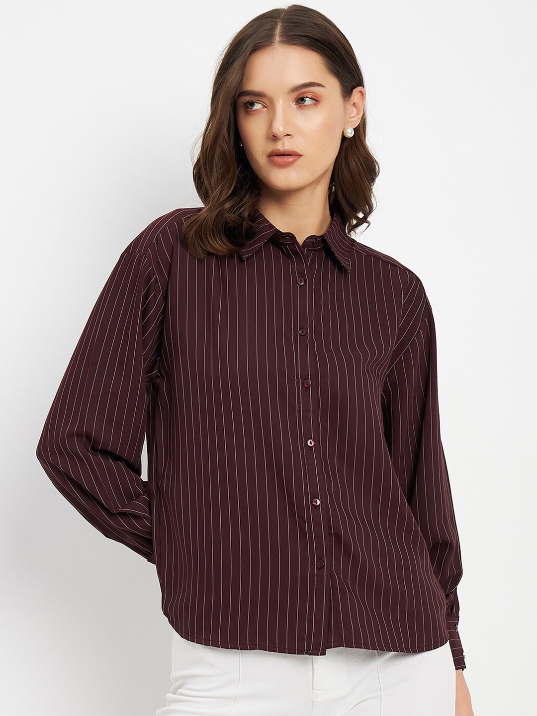 

Madame Vertical Striped Spread Collar Casual Shirt, Burgundy