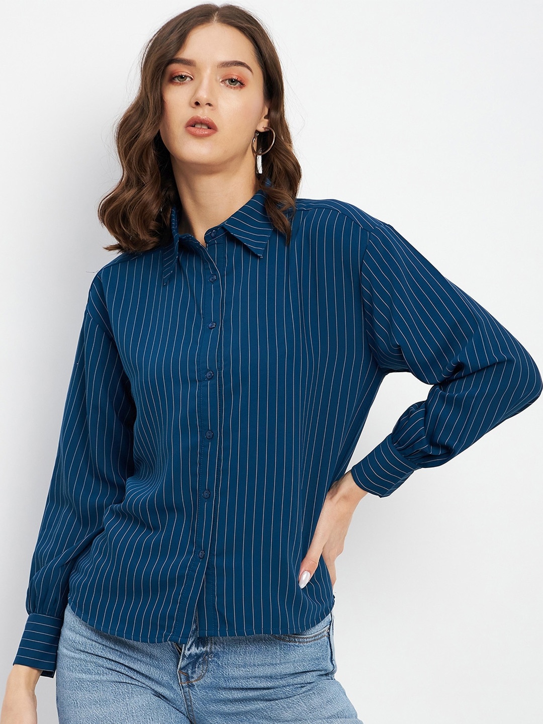 

Madame Vertical Striped Spread Collar Casual Shirt, Teal