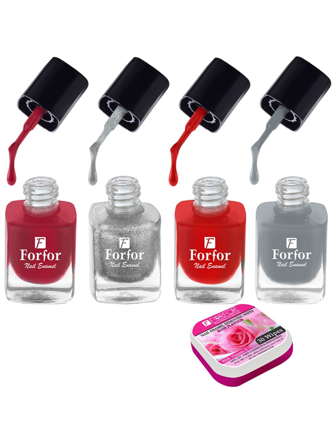 

FORFOR Set Of 4 Perfect Stay Trendy Nail Polish With Wipes 5ml Each- 105 + 106 + 107 + 110, Red