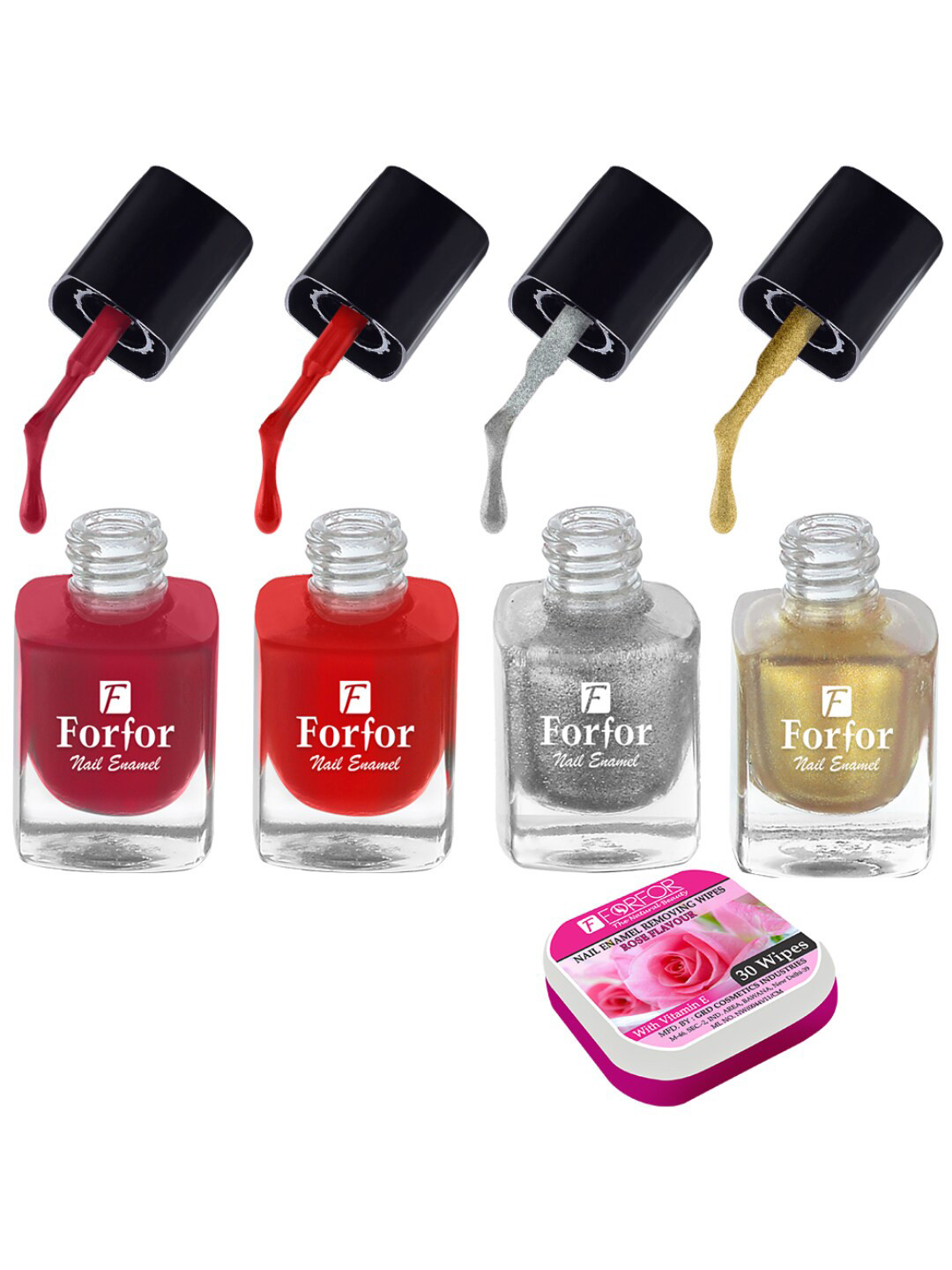 

FORFOR Set of 4 Perfect Stay Fast Dry Glossy Nail Enamel - 5ml each & 30 Removal Wipes, Multi