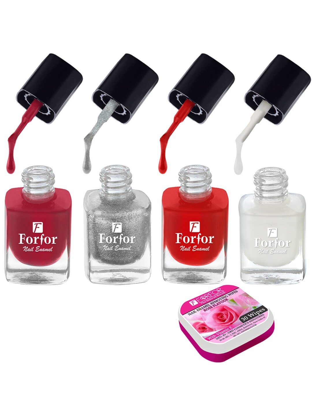 

FORFOR Set of 4 Perfect Stay Fast Dry Glossy Nail Enamel - 5ml each & 30 Removal Wipes, Multi