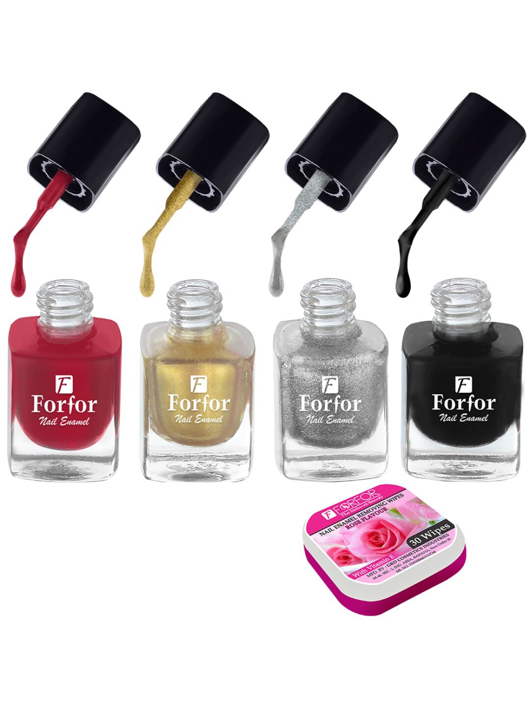 

FORFOR Set of 4 Perfect Stay Fast Dry Glossy Nail Enamel - 5ml each & 30 Removal Wipes, Multi