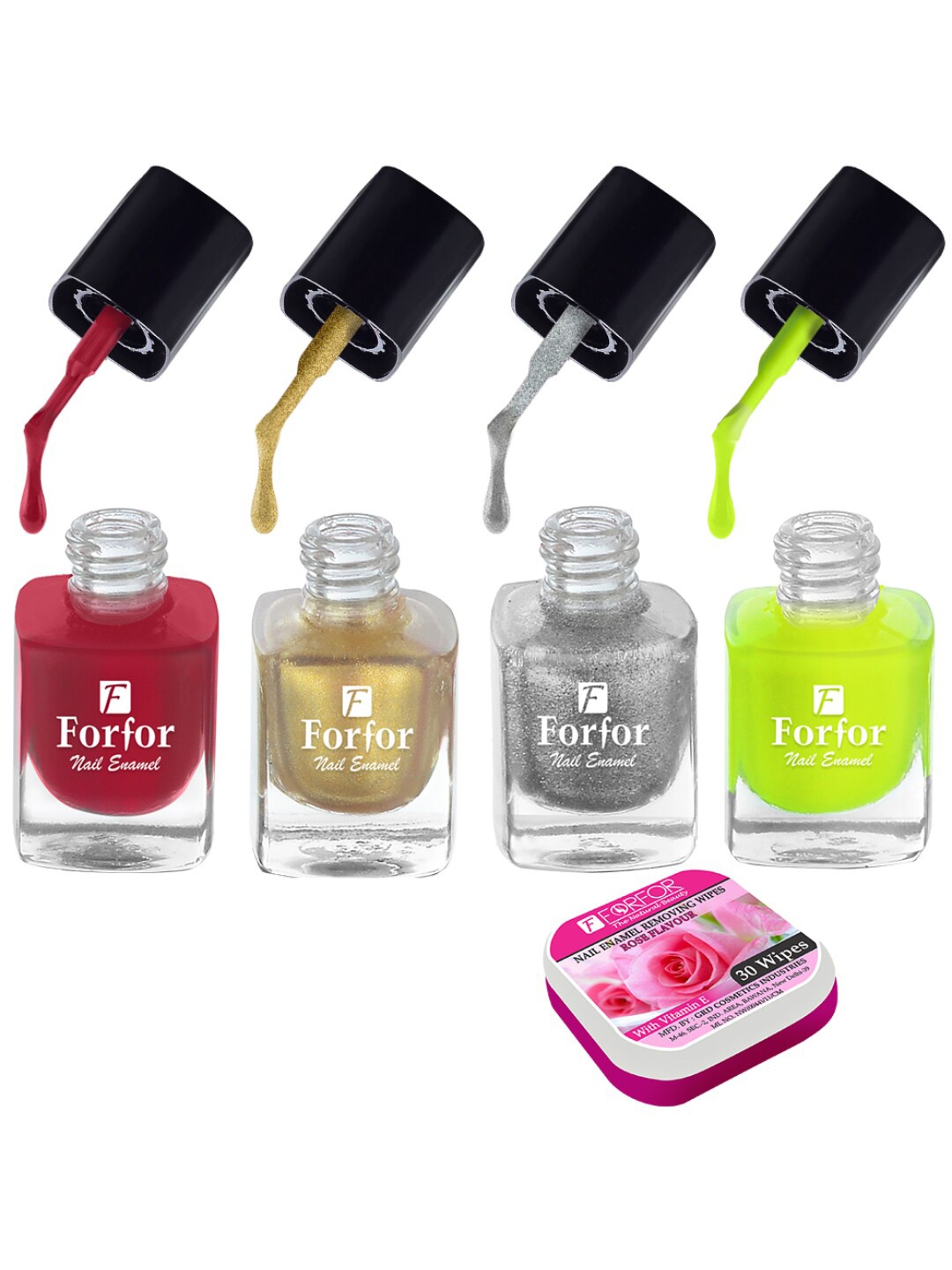 

FORFOR Set of 4 Perfect Stay Fast Dry Glossy Nail Enamel - 5ml each & 30 Removal Wipes, Multi