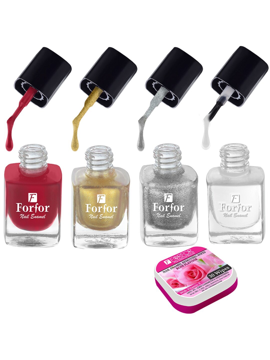 

FORFOR Set of 4 Perfect Stay Fast Dry Glossy Nail Enamel - 5ml each & 30 Removal Wipes, Multi