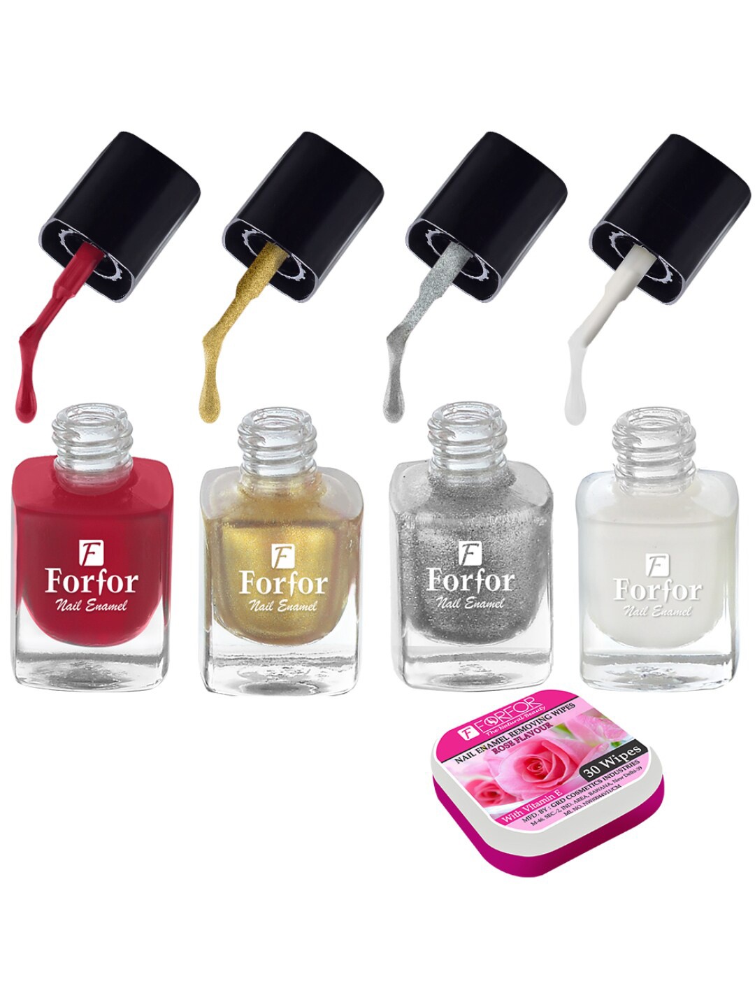 

FORFOR Set of 4 Perfect Stay Fast Dry Glossy Nail Enamel - 5ml each & 30 Removal Wipes, Multi