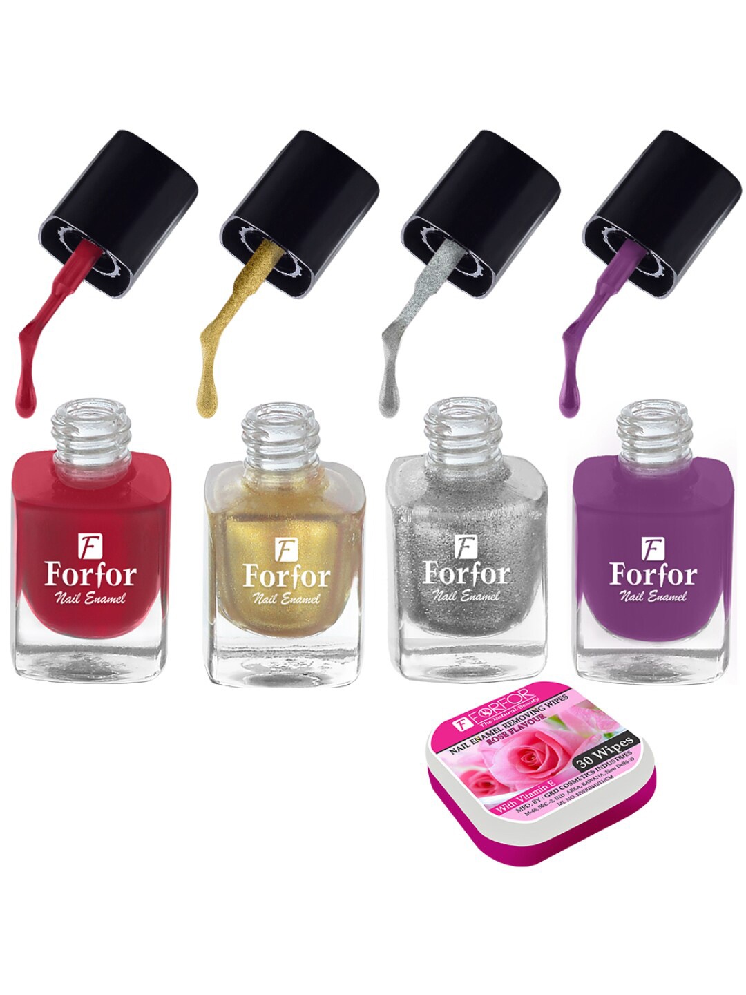 

FORFOR Set of 4 Perfect Stay Fast Dry Glossy Nail Enamel - 5ml each & 30 Removal Wipes, Multi