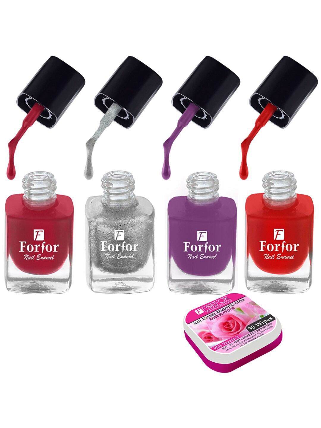 

FORFOR Set of 4 Perfect Stay Fast Dry Glossy Nail Enamel - 5ml each & 30 Removal Wipes, Multi