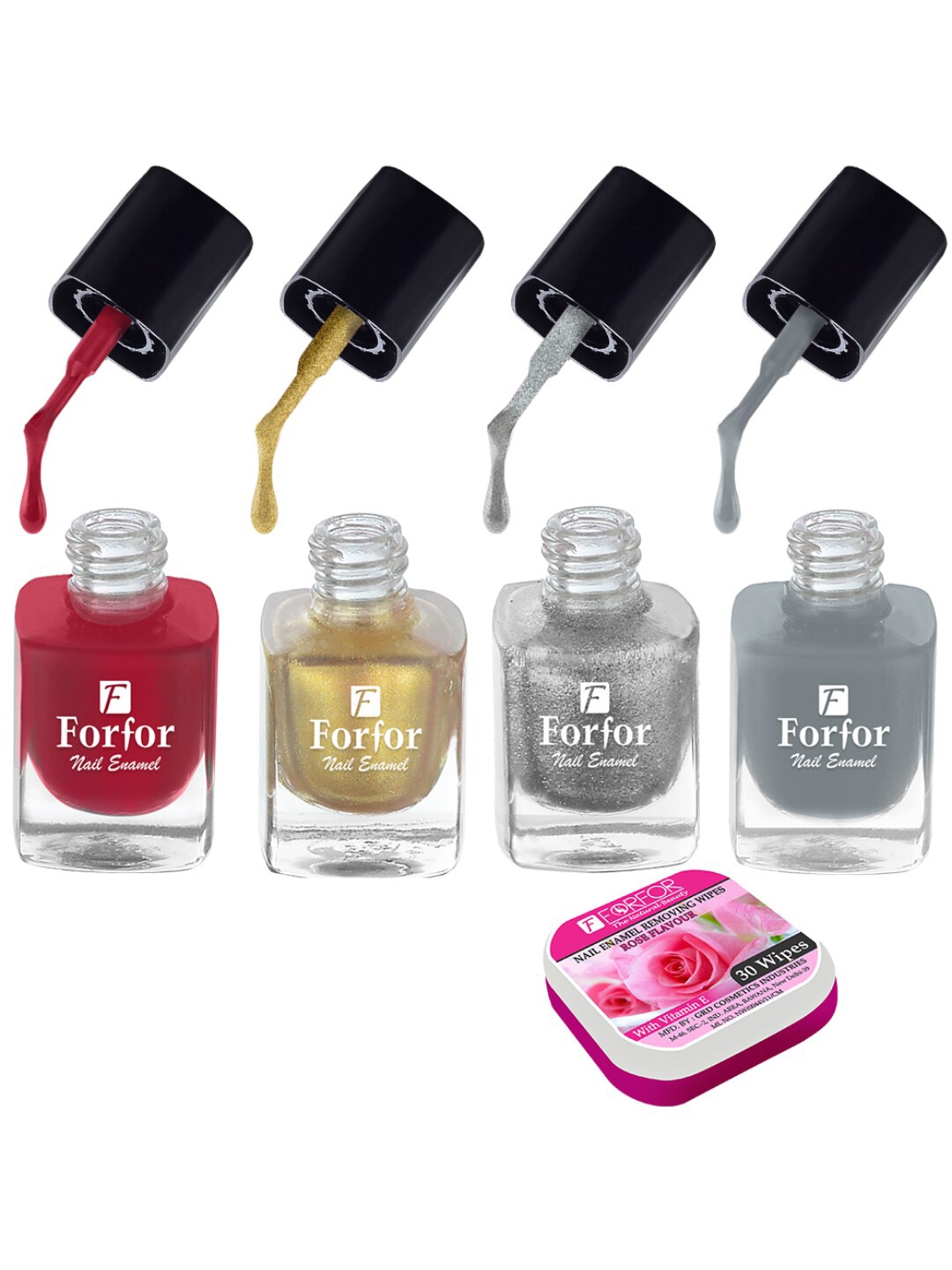 

FORFOR Set of 4 Perfect Stay Fast Dry Glossy Nail Enamel - 5ml each & 30 Removal Wipes, Multi