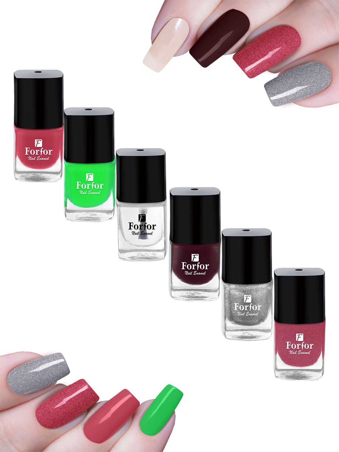 

FORFOR Set of 6 Perfect Stay Trendy Safe & Fast Dry Glossy Nail Enamel - 5 ml each, Multi