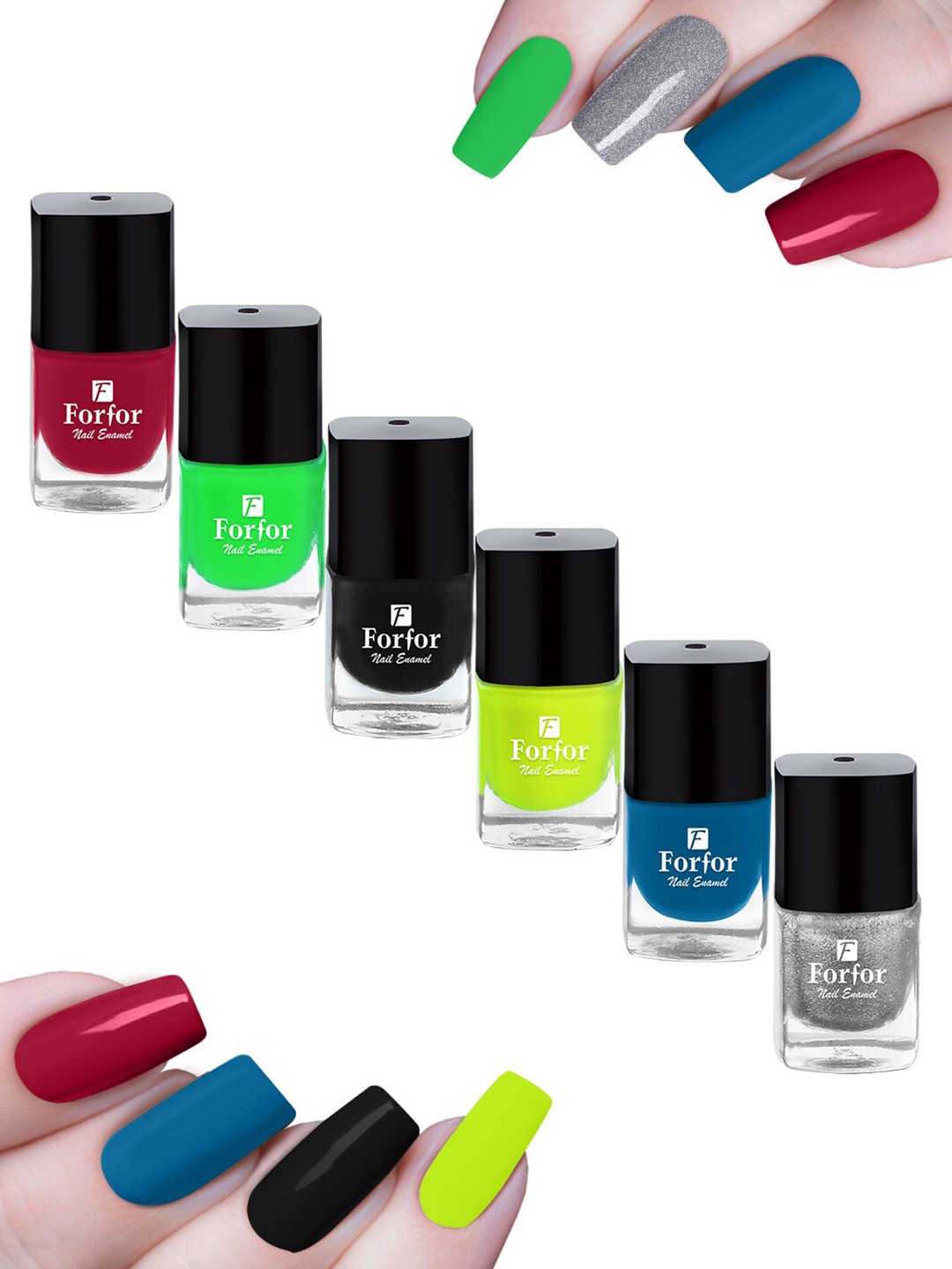 

FORFOR Set of 6 Perfect Stay Trendy Safe & Fast Dry Glossy Nail Enamel - 5 ml each, Multi