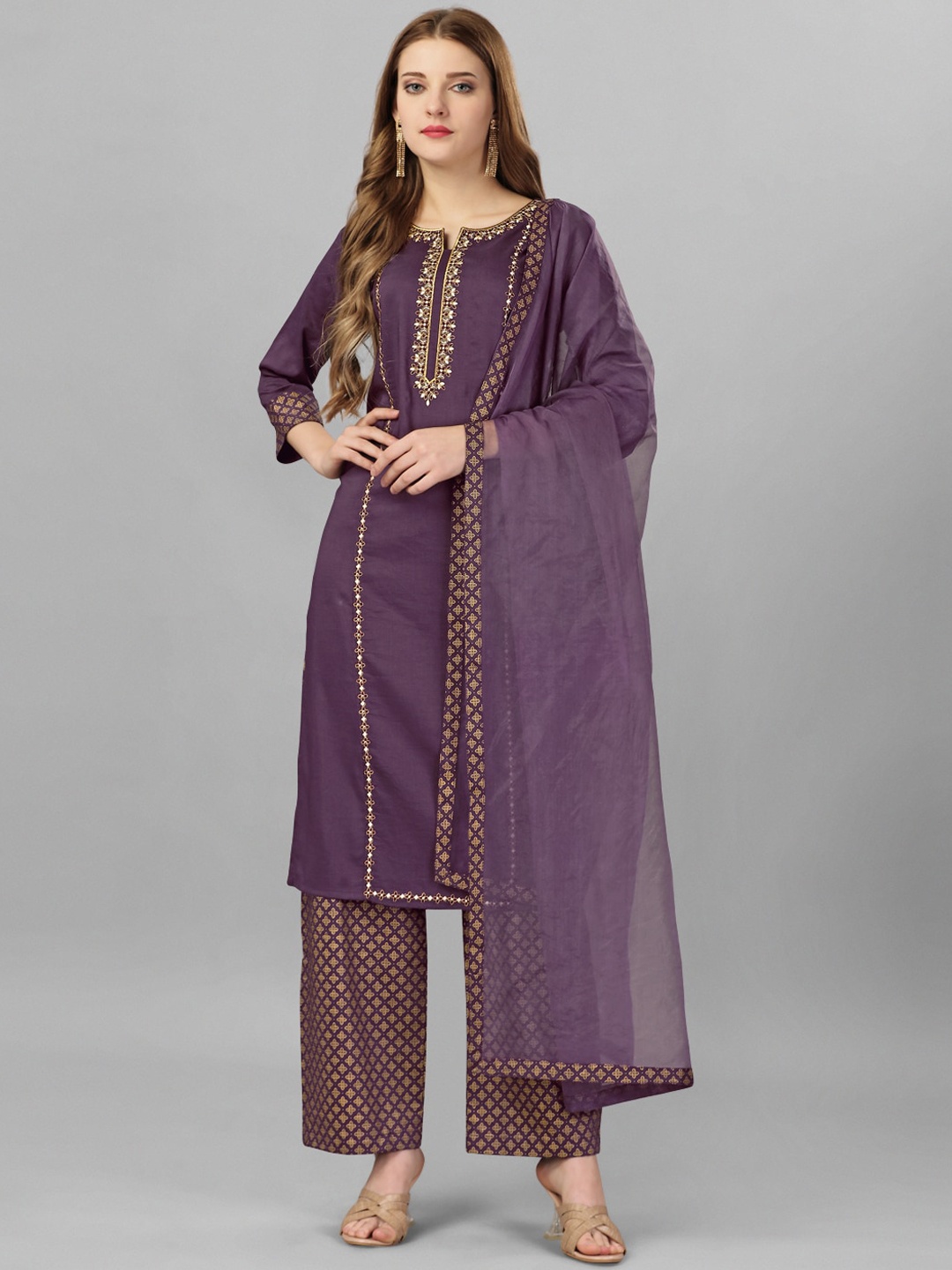 

Nivah Fashion Embroidered Regular Kurta & Trousers With Dupatta, Purple