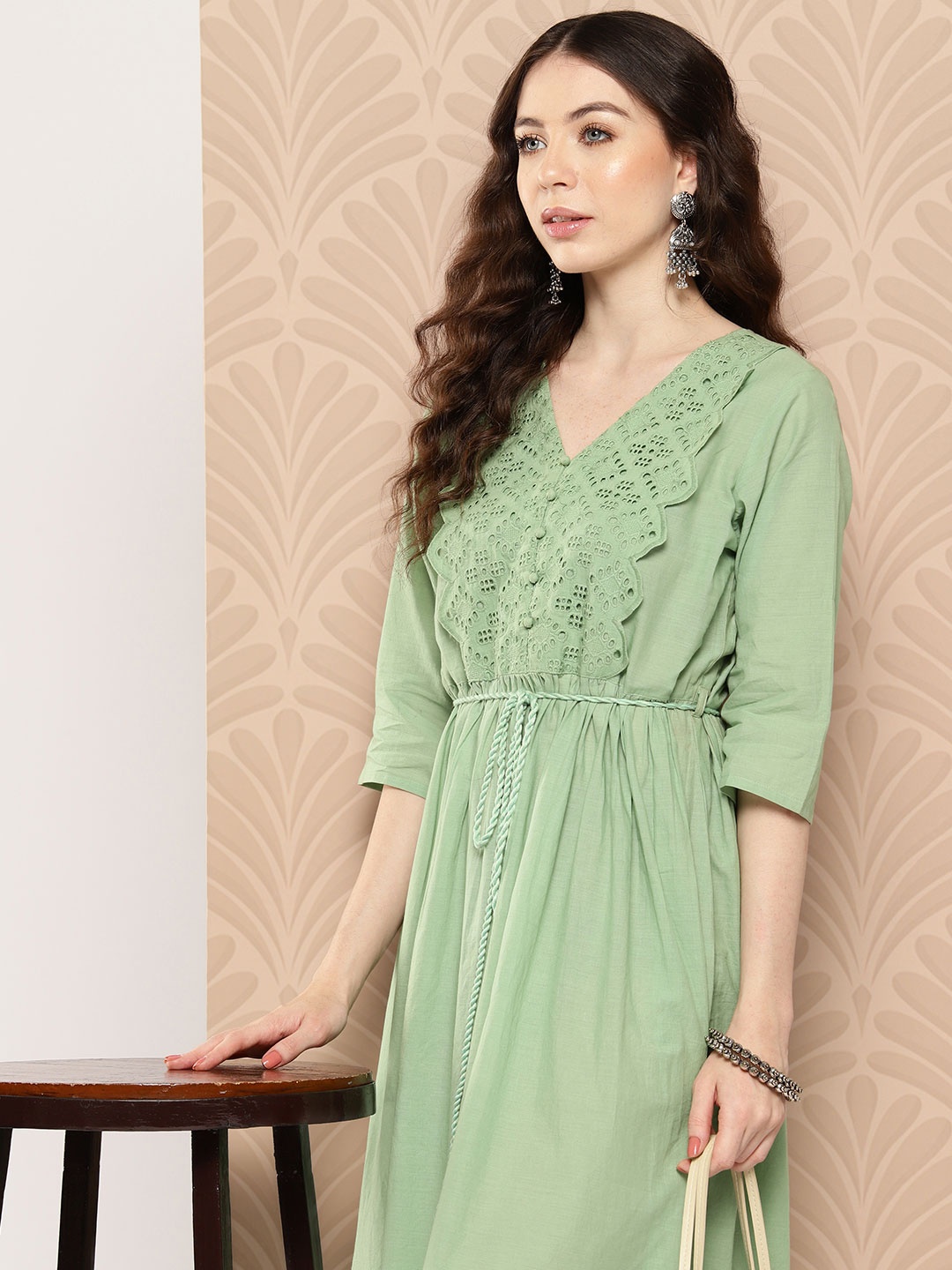 

Janasya Cotton Schiffli Flared Dress, Green