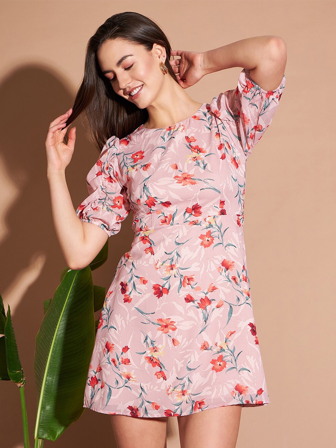 

Marie Claire Peach Floral Print Georgette A-Line Dress