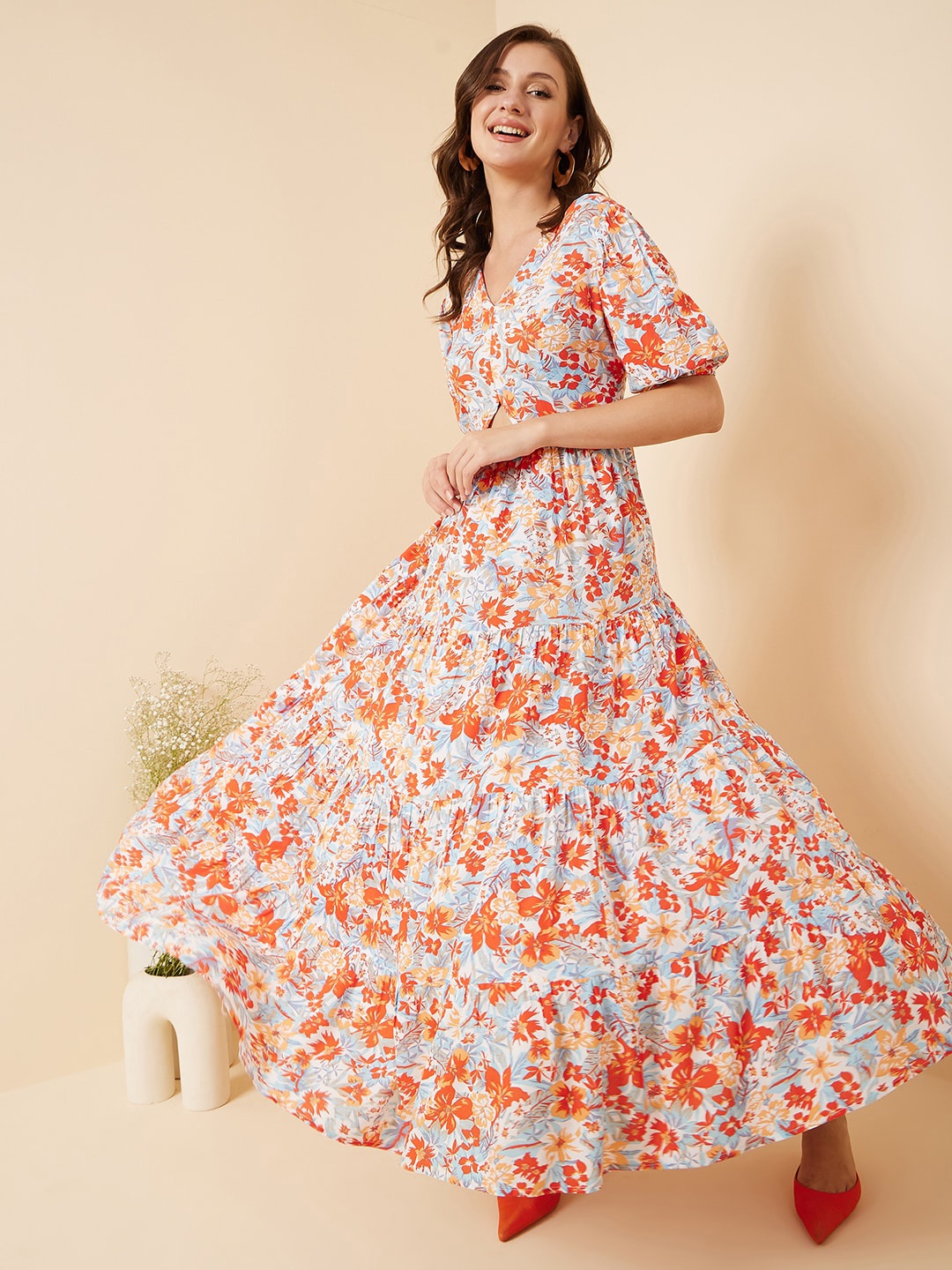 

Marie Claire Orange Floral Printed Maxi Dress