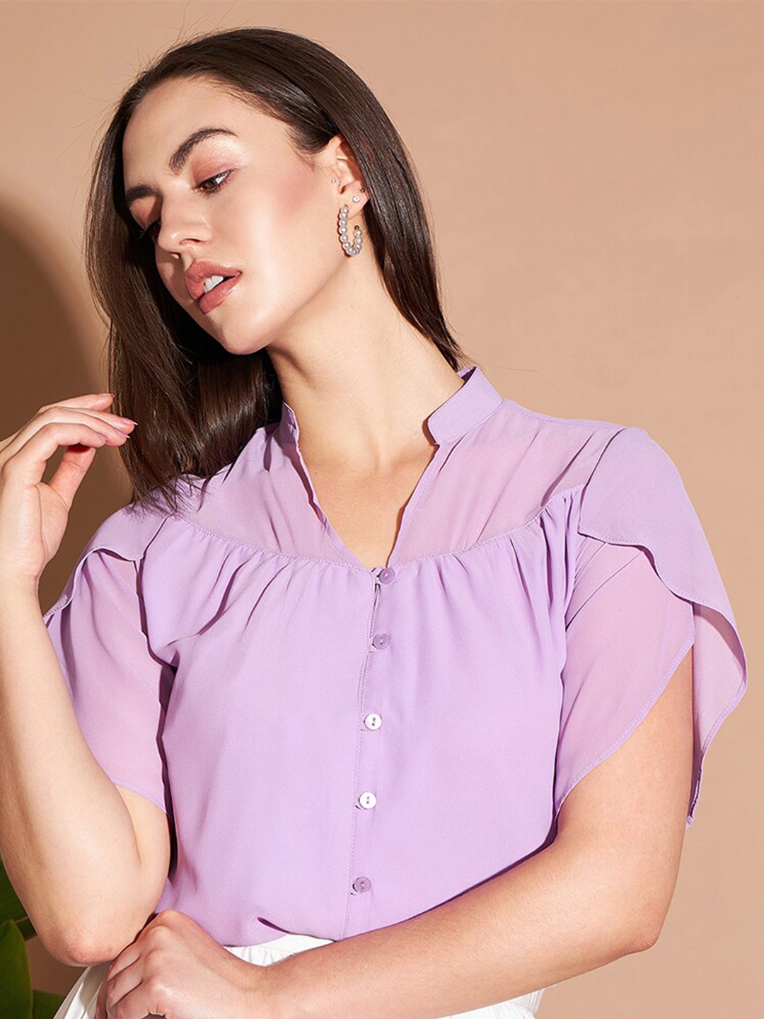 

Marie Claire Lavender Mandarin Collar Petal Sleeve Georgette Shirt Style Top