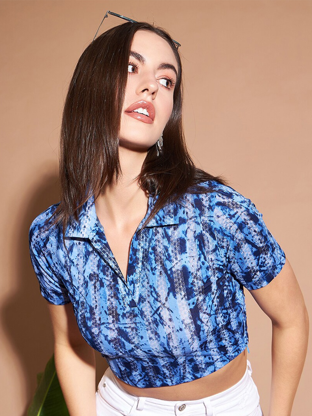 

Marie Claire Abstract Printed Shirt Style Crop Top, Blue