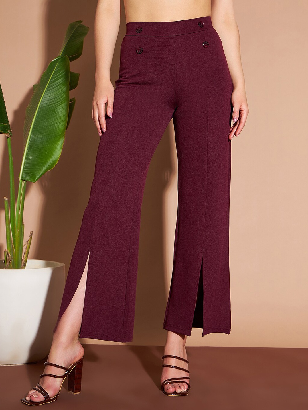 

Marie Claire Women Burgundy High-Rise Plain Knitted Cropped Side Slits Bootcut Trousers