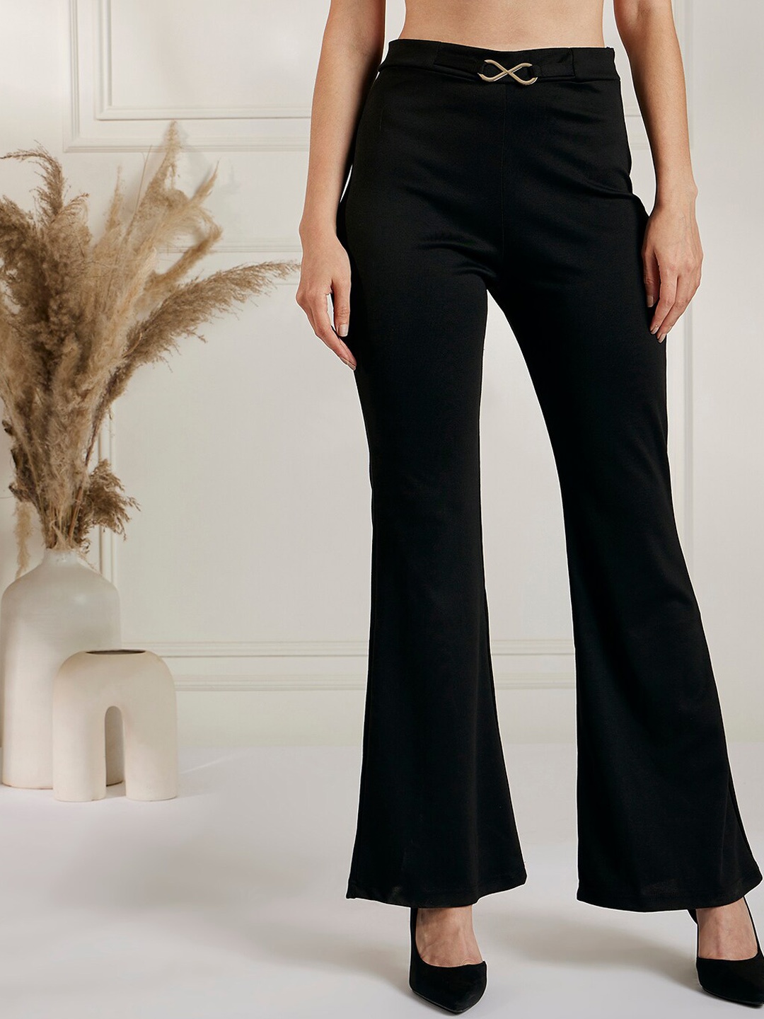 

Marie Claire Women Black High-Rise Plain Knitted Bootcut Trousers