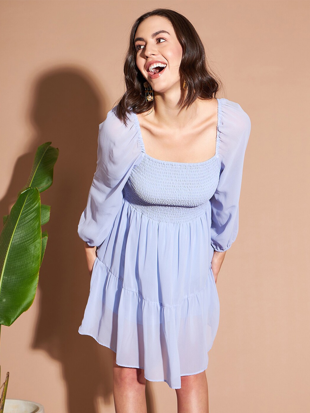 

Marie Claire Blue Square Neck Puff Sleeves Smocked Fit & Flare Dress