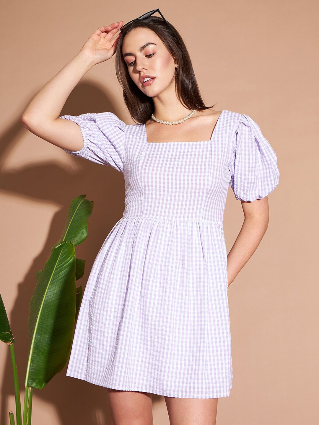 

Marie Claire Lavender Checked Square Neck Puff Sleeves Fit & Flare Dress