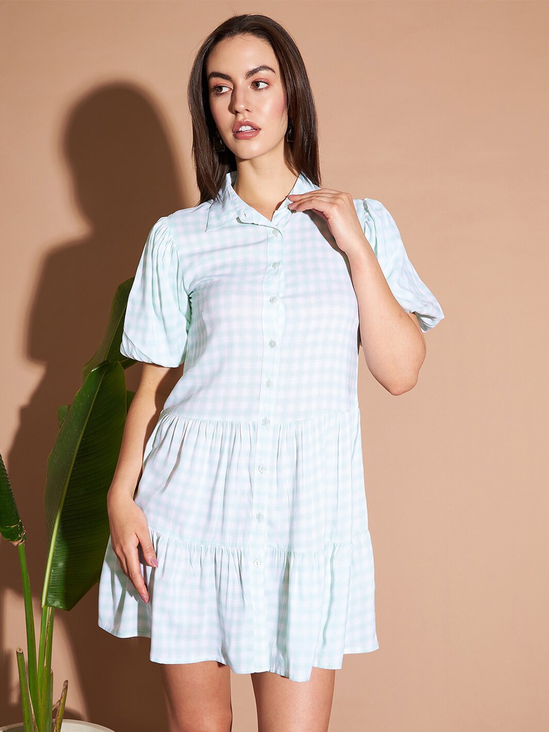 

Marie Claire Green & White Checked Puff Sleeves Cotton Shirt Dress