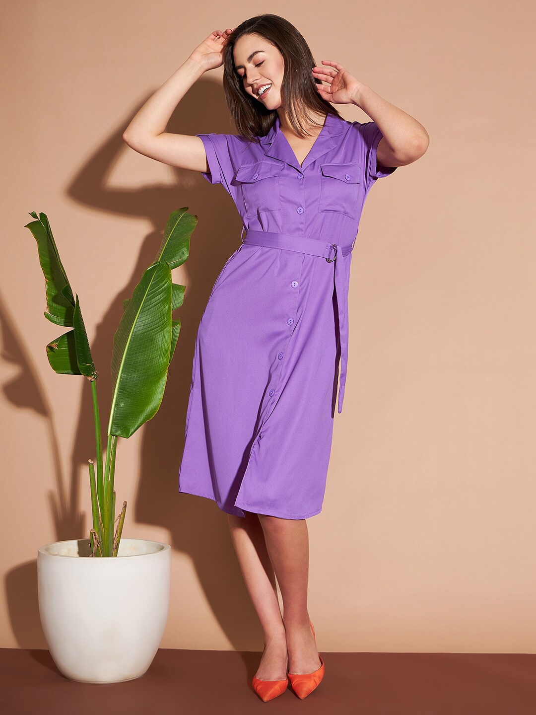

Marie Claire Purple Roll-Up Sleeves Shirt Midi Dress