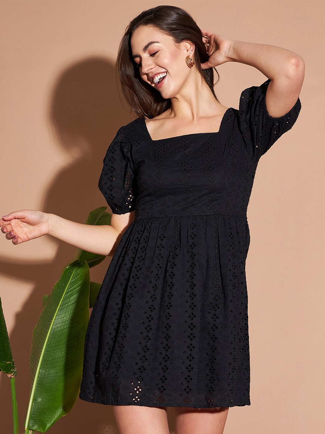 

Marie Claire Black Schiffli Fit & Flare Cotton Dress