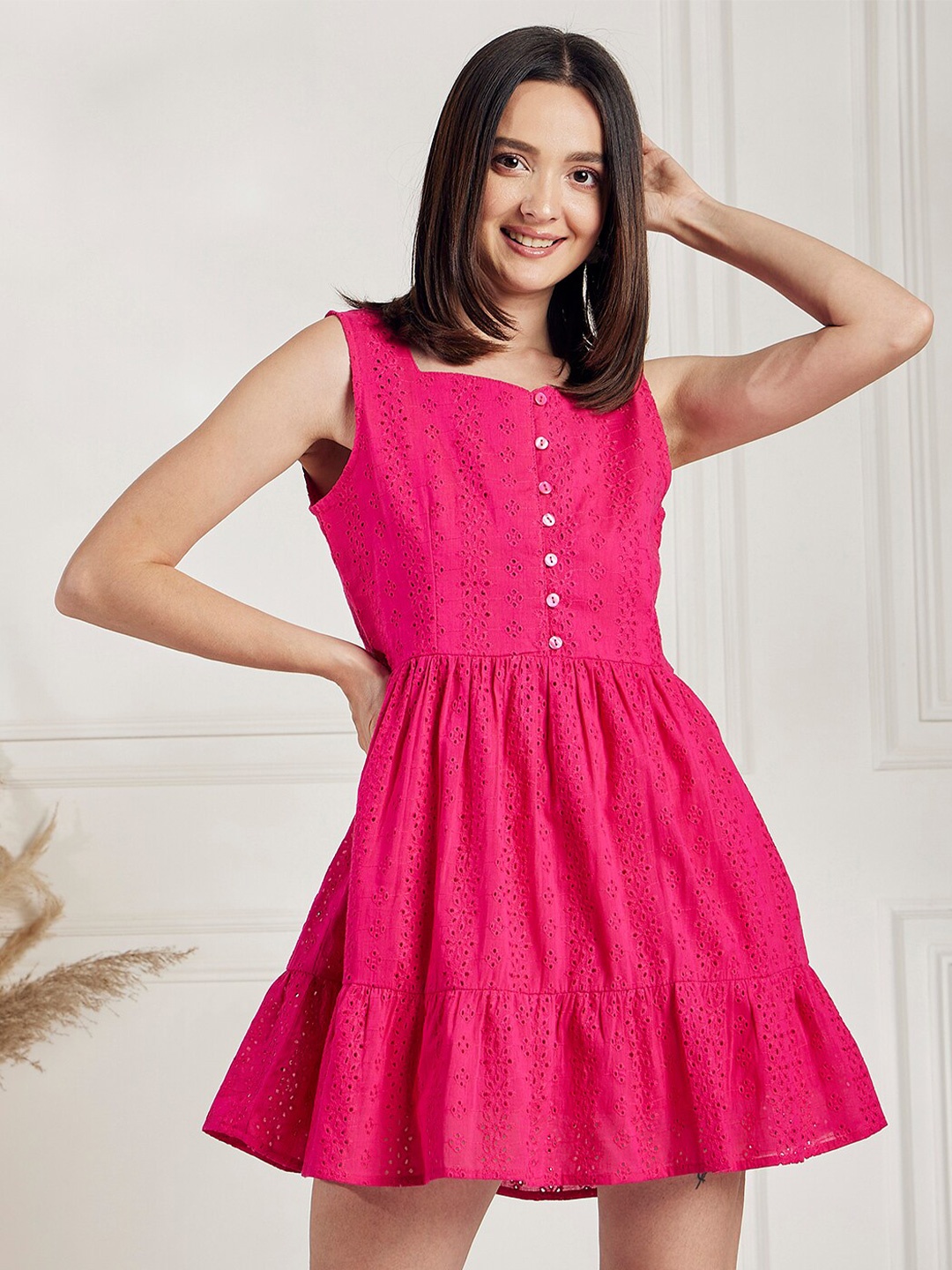 

Marie Claire Pink Self Design Sleeveless Fit & Flare Dress