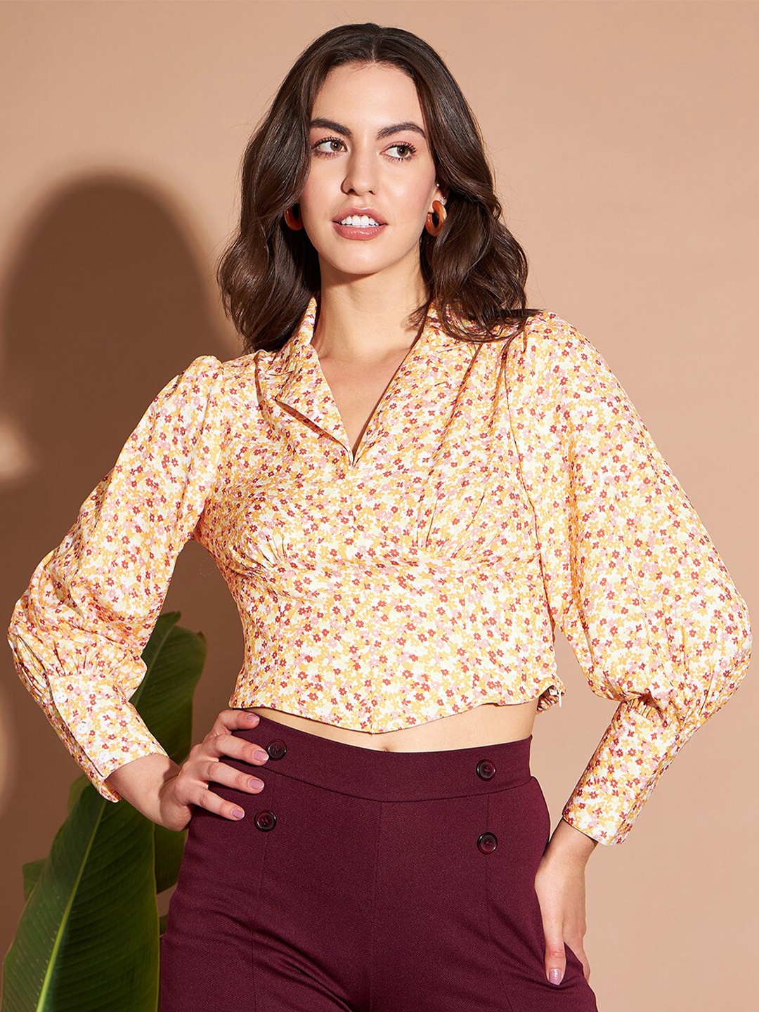 

Marie Claire Yellow Floral Printed Cuffed Sleeves Regular Crop Top