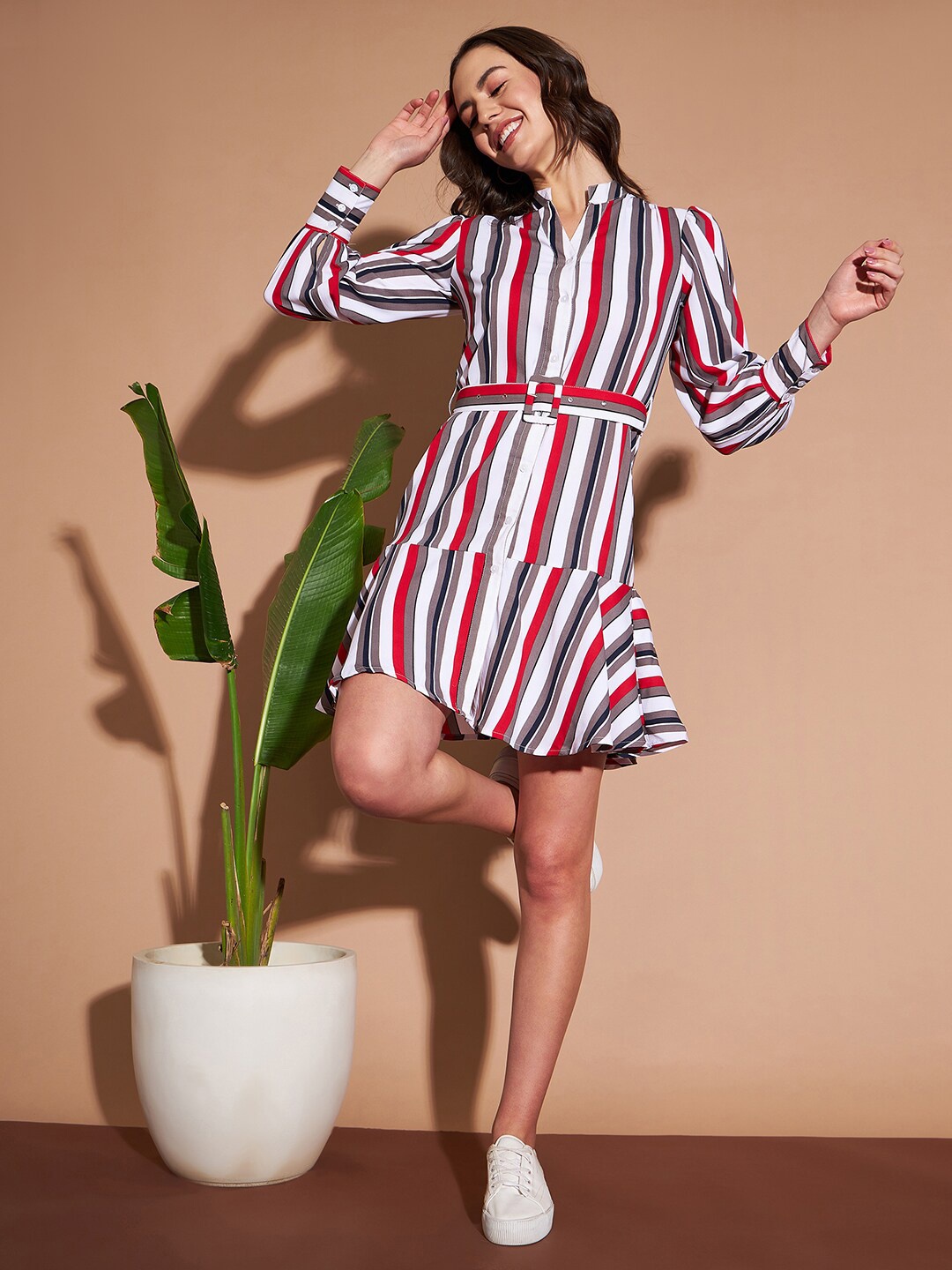 

Marie Claire Blue & Red Striped Shirt Collar Cuffed Sleeves Shirt Dress, Multi