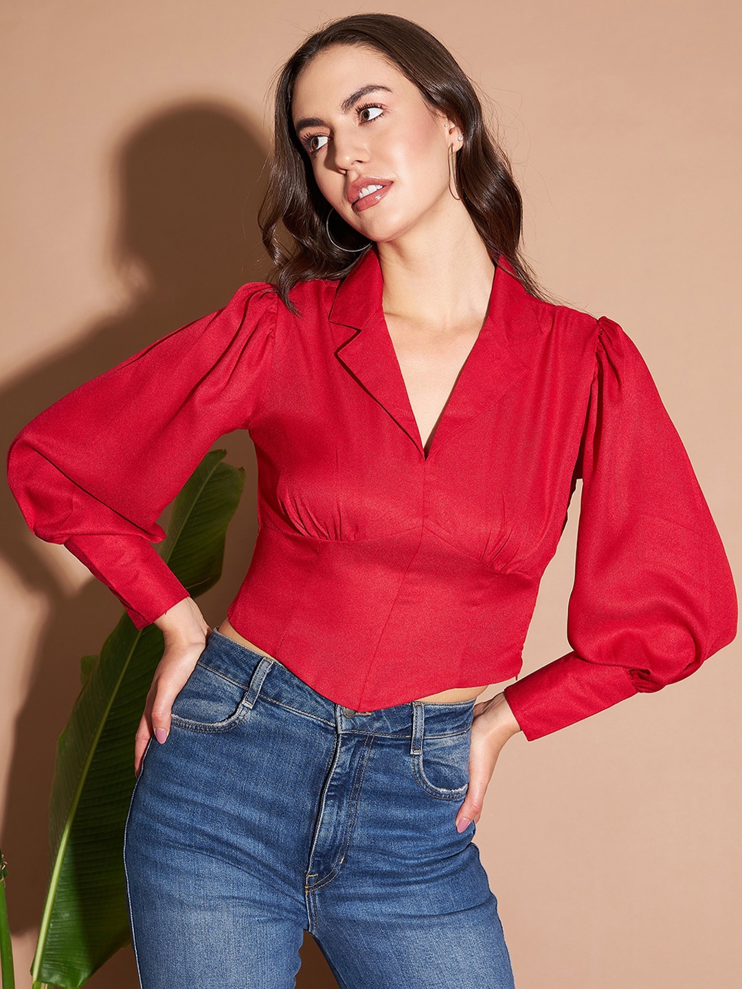 

Marie Claire Red Shirt Collar Cuff Sleeves Crepe Crop Top