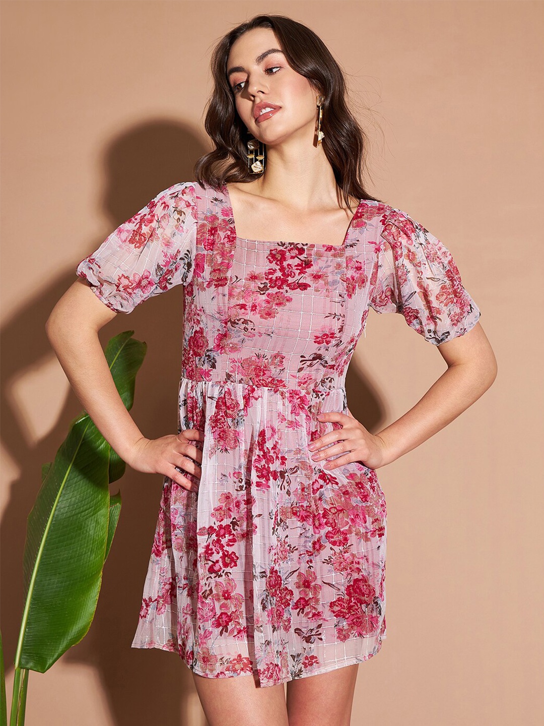 

Marie Claire Pink Floral Printed Puff Sleeve Chiffon Fit & Flare Dress