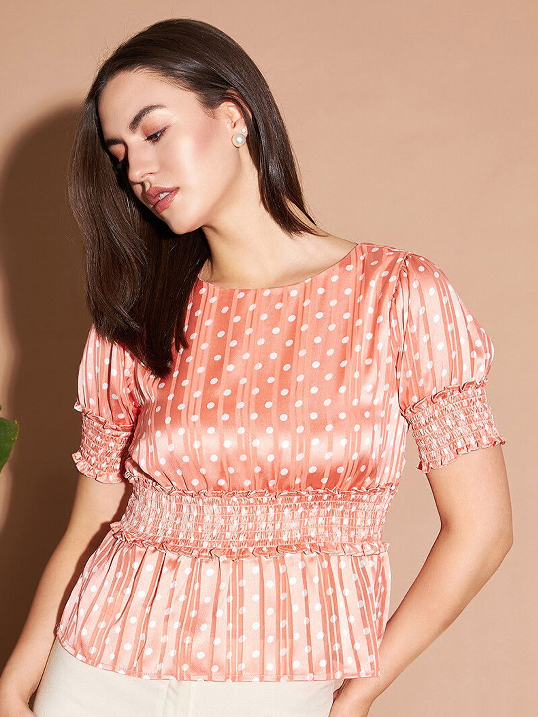 

Marie Claire Peach & White Polka Dot Printed Puff Sleeves Satin Cinched Waist Top