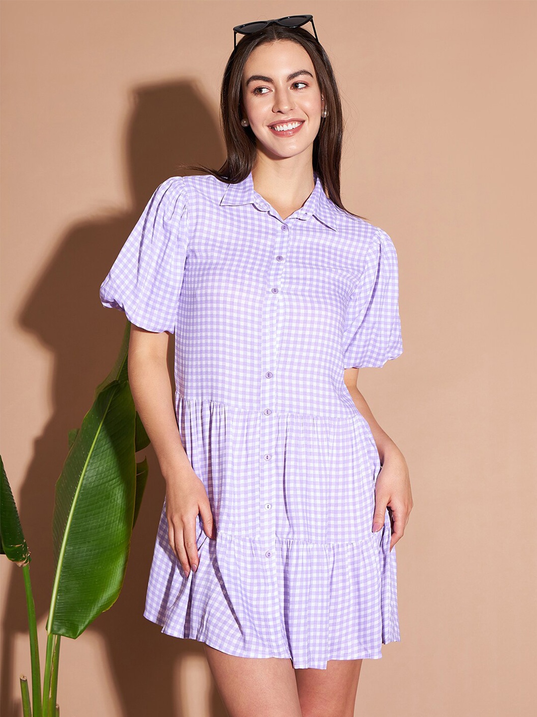 

Marie Claire Lavender Checked Puff Sleeves Cotton Shirt Dress