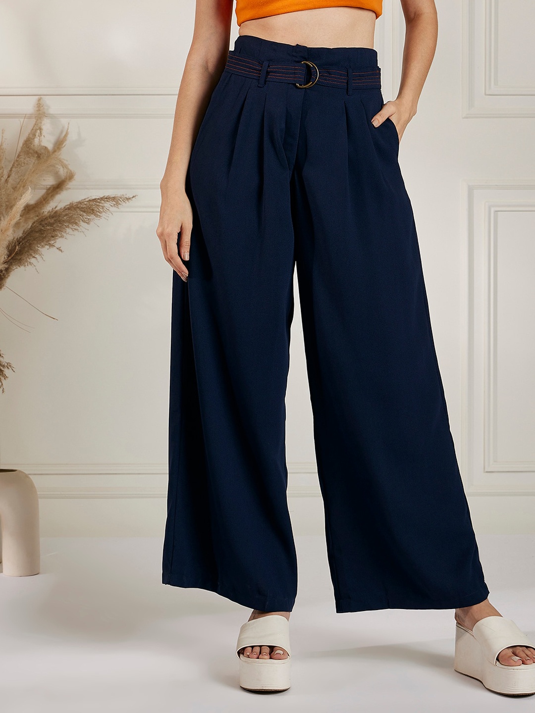 

Marie Claire Women Navy Blue High-Rise Plain Pleated Parallel Trousers