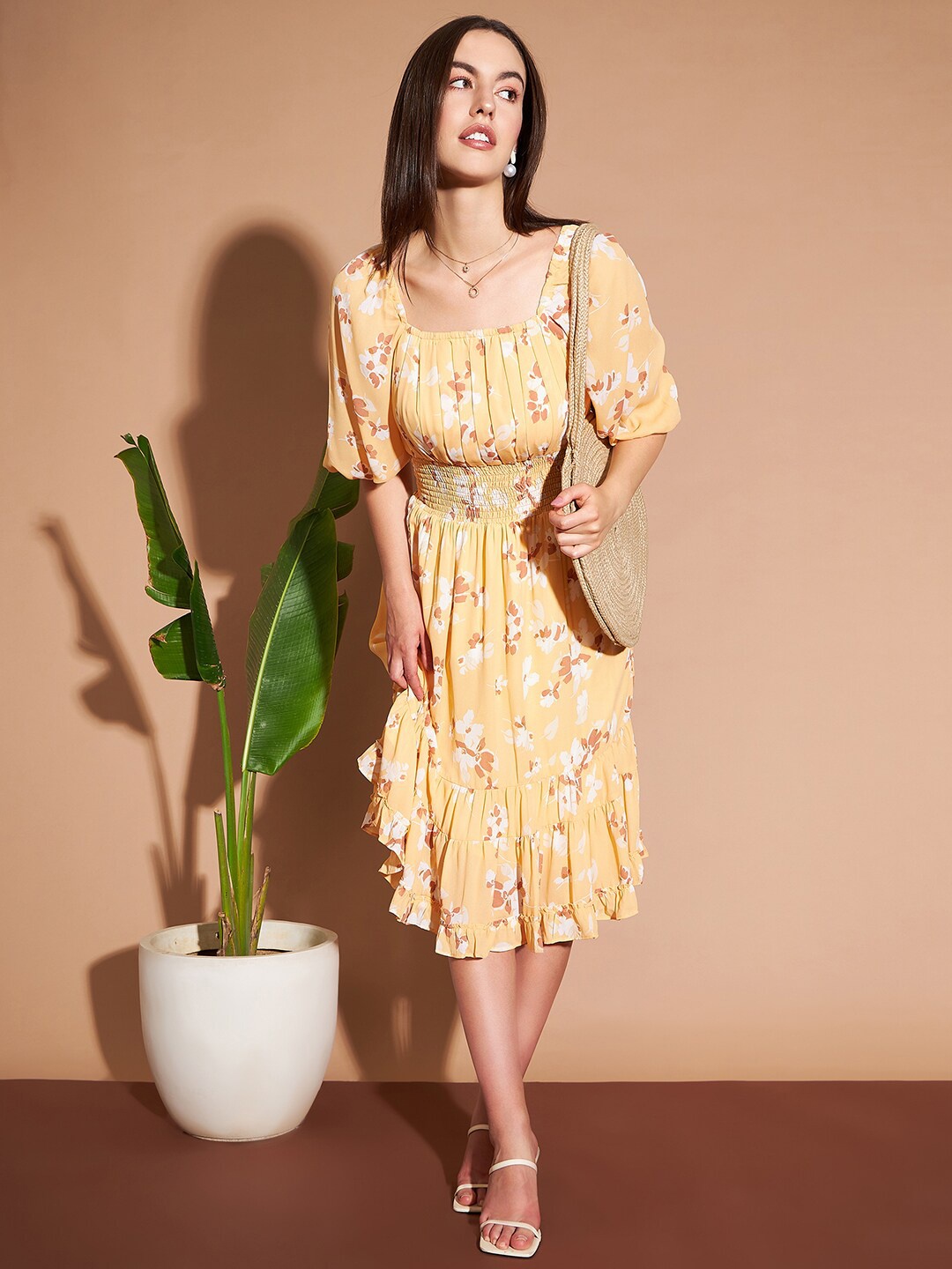 

Marie Claire Mustard Yellow Floral Printed Puff Sleeves Smocked Fit & Flare Dress
