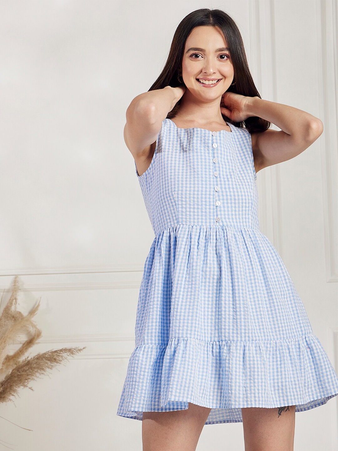 

Marie Claire Blue & White Checked Cotton Fit & Flare Dress