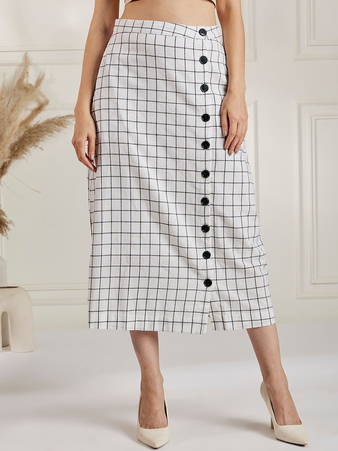 

Marie Claire White Checked Pure Cotton A-Line Midi Skirt