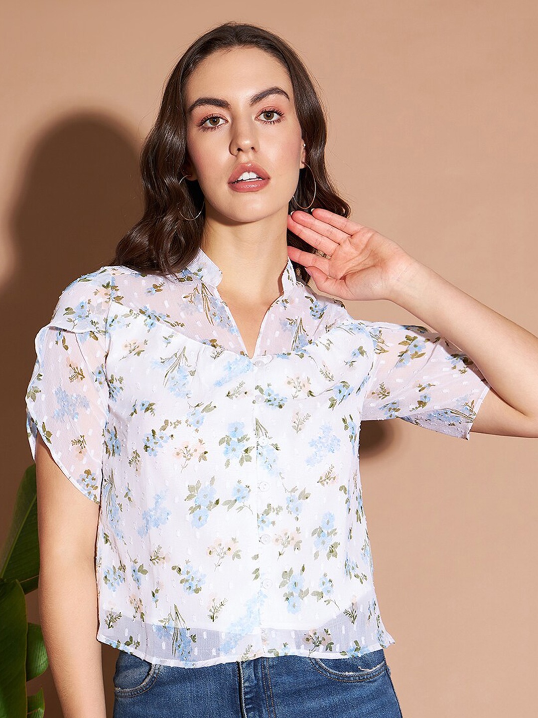 

Marie Claire White & Blue Floral Printed V-Neck Top