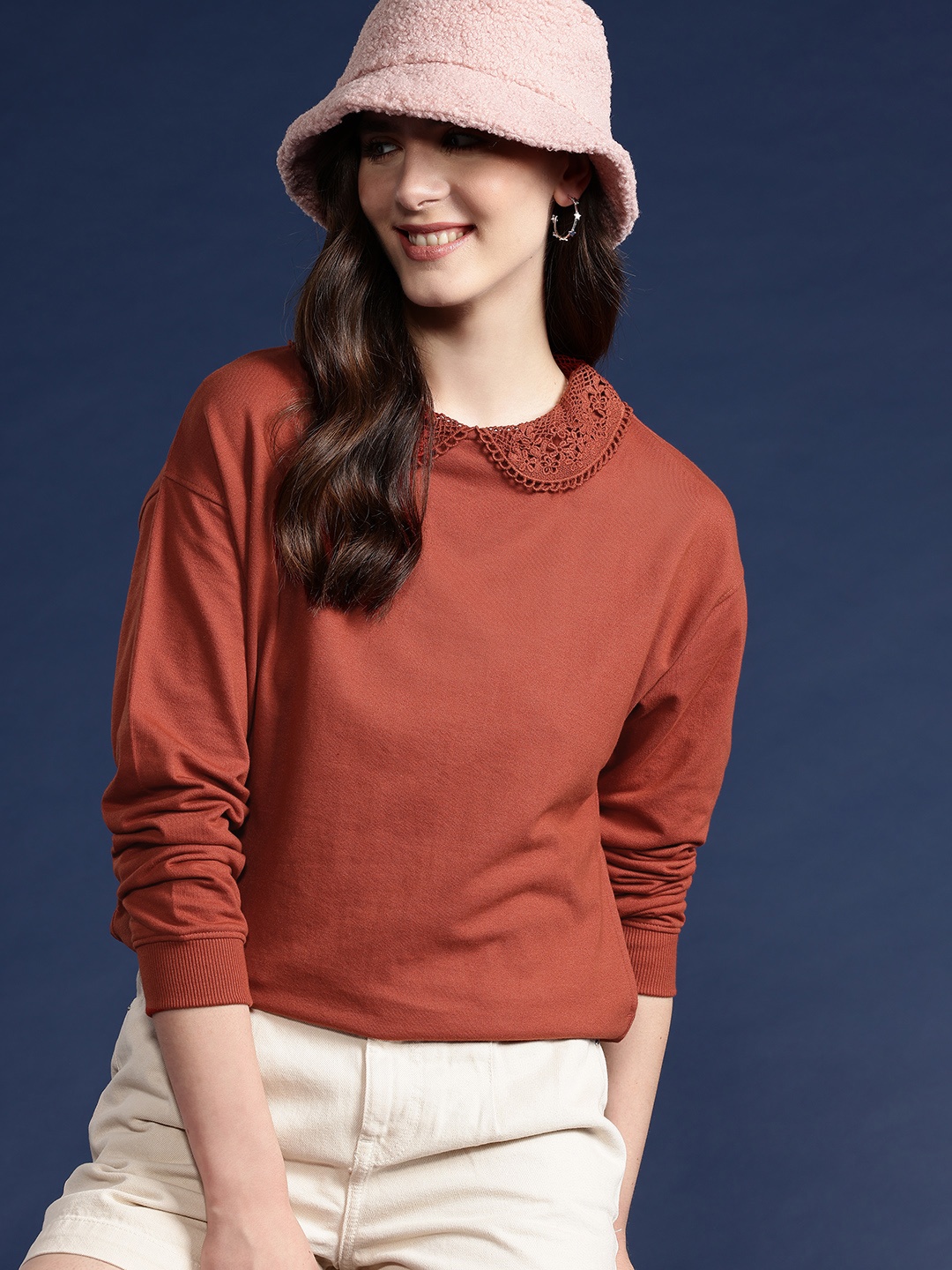 

Mast & Harbour Women Peter Pan Collar Sweatshirt, Rust