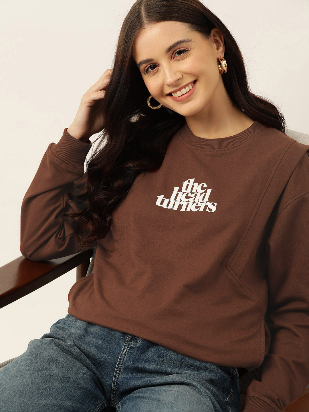 

Mast & Harbour Women Printed Sweatshirt, Brown
